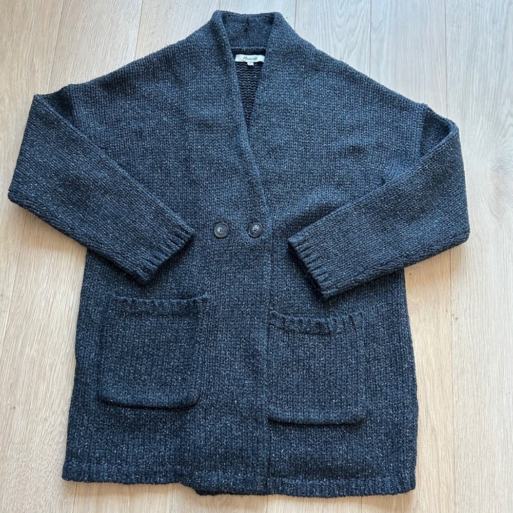 Madewell Glenhill Double Breasted Sweater Coat Sz XS Grey Preppy Cardigan Chunky